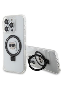 Husa pentru iPhone 15 Pro - Karl Lagerfeld Hardcase Ring Stand MagSafe (KLHMP15LHMRSKHH) - White Karl Head