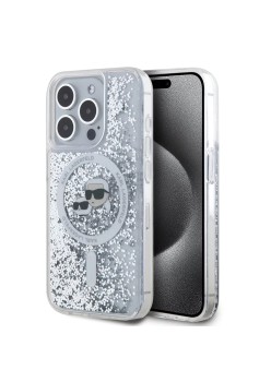 Husa pentru iPhone 15 Pro - Karl Lagerfeld Liquid Glitter MagSafe (KLHMP15LLGKCSGH) - Transparent KarlandChoupette Head