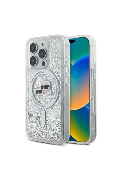 Husa pentru iPhone 16 Pro - Karl Lagerfeld Liquid Glitter MagSafe (KLHMP16LLGKCSGH) - Clear KarlandChoupette Head