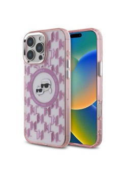 Husa pentru iPhone 16 Pro - Karl Lagerfeld IML MagSafe (KLHMP16LHMCKMHP) - Pink Monogram KarlandChoupette Head