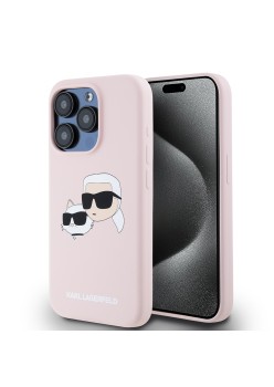 Husa pentru iPhone 15 Pro - Karl Lagerfeld Silicone MagSafe (KLHMP15LSKCHPPLP) - Pink KarlandChoupette Head