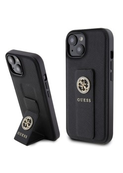 Husa pentru iPhone 15 / iPhone 14 / iPhone 13 - Guess Grip Stand 4G Saffiano Strass (GUHCP15SPGSSADK) - Black