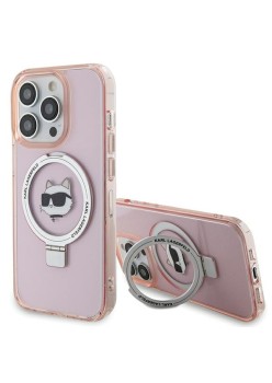 Husa pentru iPhone 15 Pro Max - Karl Lagerfeld Hardcase Ring Stand MagSafe (KLHMP15XHMRSCHP) - Pink Choupette Head
