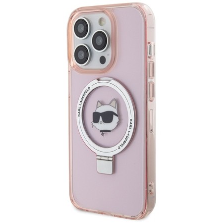 Husa pentru iPhone 15 Pro Max - Karl Lagerfeld Hardcase Ring Stand MagSafe (KLHMP15XHMRSCHP) - Pink Choupette Head