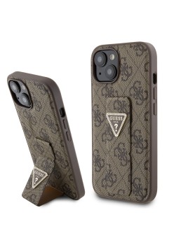 Husa pentru iPhone 15 / iPhone 14 / iPhone 13 - Guess Grip Stand 4G Triangle Strass (GUHCP15SPGS4TDW) - Brown