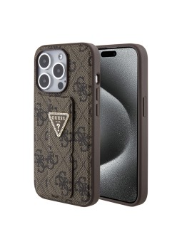 Husa pentru iPhone 15 Pro Max - Guess Grip Stand 4G Triangle Strass (GUHCP15XPGS4TDW) - Brown