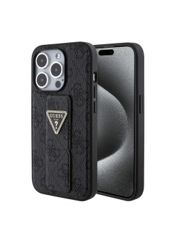 Husa pentru iPhone 15 Pro Max - Guess Grip Stand 4G Triangle Strass (GUHCP15XPGS4TDK) - Black