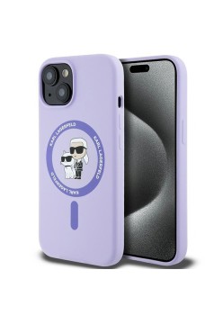 Husa pentru iPhone 15 - Karl Lagerfeld Silicone Ring MagSafe (KLHMP15SSCMKCRHU) - Purple KarlandChoupette Heads