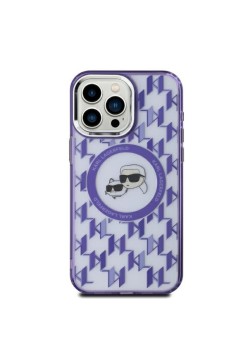 Husa pentru iPhone 15 - Karl Lagerfeld IML MagSafe (KLHMP15SHMCKMHU) - Purple Monogram KarlandChoupette Head
