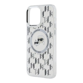 Husa pentru iPhone 15 - Karl Lagerfeld IML MagSafe (KLHMP15SHMCKMHT) - Clear Monogram KarlandChoupette Head