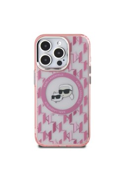 Husa pentru iPhone 15 Plus - Karl Lagerfeld IML MagSafe (KLHMP15MHMCKMHP) - Pink Monogram KarlandChoupette Head