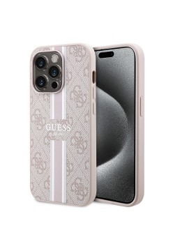 Husa pentru iPhone 15 Pro Max - Guess Hardcase 4G Printed Stripes MagSafe (GUHMP15XP4RPSP) - Pink