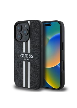 Husa pentru iPhone 16 Pro - Guess Hardcase 4G Printed Stripes MagSafe (GUHMP16LP4RPSK) - Black