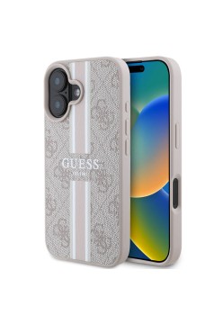 Husa pentru iPhone 16 Plus - Guess Hardcase 4G Printed Stripes MagSafe (GUHMP16MP4RPSP) - Pink