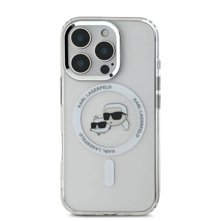 Husa pentru iPhone 16 Pro - Karl Lagerfeld IML MagSafe (KLHMP16LHLSKCH) - White Metal KarlandChoupette Head