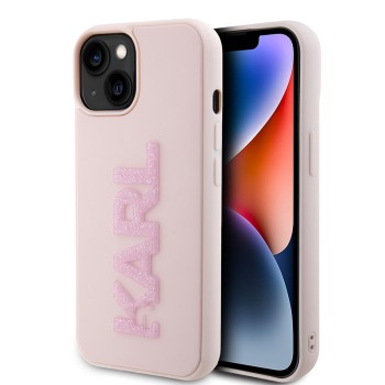 Husa pentru iPhone 15 / iPhone 14 / iPhone 13 - Karl Lagerfeld 3D Design (KLHCP15S3DMBKCP) - Pink Rubber Glitter Logo