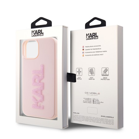 Husa pentru iPhone 15 / iPhone 14 / iPhone 13 - Karl Lagerfeld 3D Design (KLHCP15S3DMBKCP) - Pink Rubber Glitter Logo