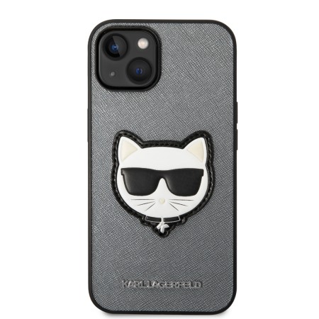 Husa pentru iPhone 14 Plus / iPhone 15 Plus - Karl Lagerfeld Saffiano (KLHCP14MSAPCHG) - Silver Choupette Head
