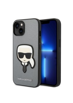 Husa pentru iPhone 14 Plus / iPhone 15 Plus - Karl Lagerfeld Saffiano (KLHCP14MSAPKHG) - Silver Karls Head
