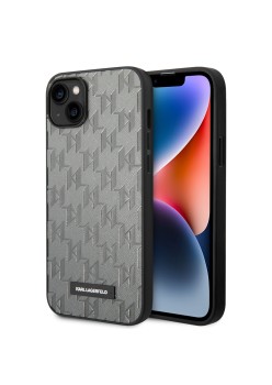 Husa pentru iPhone 14 Plus / iPhone 15 Plus - Karl Lagerfeld Saffiano (KLHCP14MSAKLHPG) - Grey Mono Metal Logo