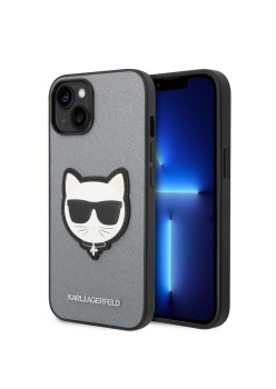 Husa pentru iPhone 15 / iPhone 14 / iPhone 13 - Karl Lagerfeld Saffiano (KLHCP14SSAPCHG) - Silver Choupette Head