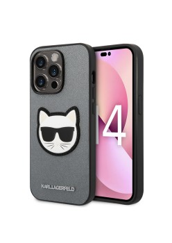 Husa pentru iPhone 14 Pro Max - Karl Lagerfeld Saffiano (KLHCP14XSAPCHG) - Silver Choupette Head