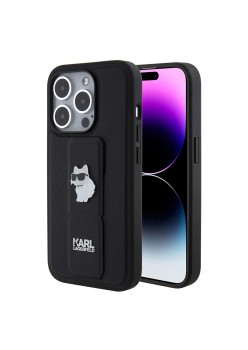 Husa pentru iPhone 15 Pro - Karl Lagerfeld Saffiano Gripstand (KLHCP15LGSACHPK) - Choupette Pins