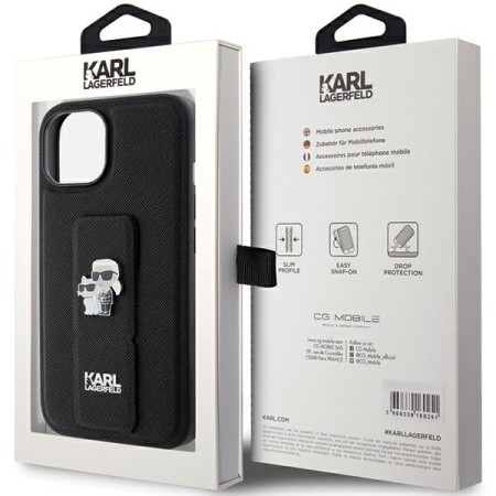 Husa pentru iPhone 15 Plus / iPhone 14 Plus - Karl Lagerfeld Saffiano Gripstand (KLHCP15MGSAKCPK) - KarlandChoupette Pins