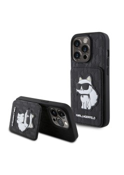 Husa pentru iPhone 15 Pro - Karl Lagerfeld Saffiano Cardslots and Stand (KLHCP15LSAKCNSCK) - Monogram Choupette
