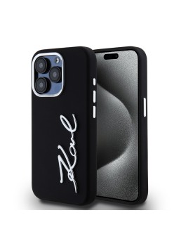 Husa pentru iPhone 15 Pro - Karl Lagerfeld Silicone (KLHCP15LSCMSMVK) - Metal Script Logo