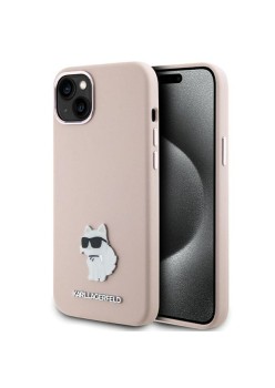Husa pentru iPhone 15 Plus / iPhone 14 Plus - Karl Lagerfeld Silicone (KLHCP15MSMHCNPP) - Pink Choupette Metal Pin