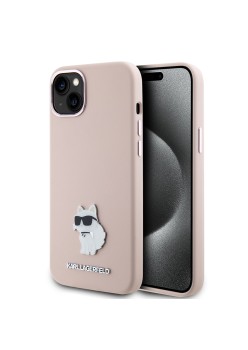 Husa pentru iPhone 15 / iPhone 14 / iPhone 13 - Karl Lagerfeld Silicone (KLHCP15SSMHCNPP) - Pink Choupette Metal Pin