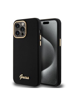 Husa pentru iPhone 15 Pro Max - Guess Silicone Script Metal Logo and Frame (GUHCP15XSMBSLK) - Black