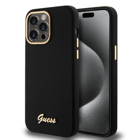 Husa pentru iPhone 15 Pro Max - Guess Silicone Script Metal Logo and Frame (GUHCP15XSMBSLK) - Black
