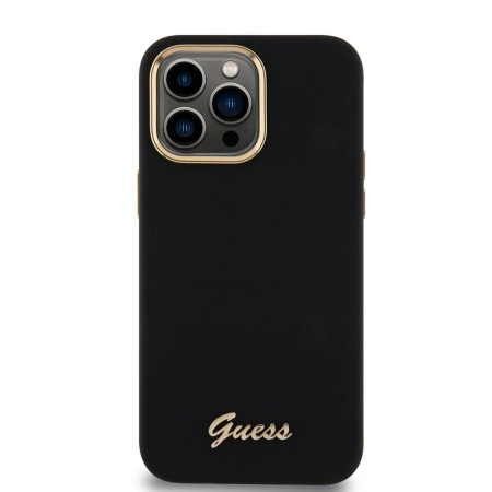 Husa pentru iPhone 15 Pro Max - Guess Silicone Script Metal Logo and Frame (GUHCP15XSMBSLK) - Black
