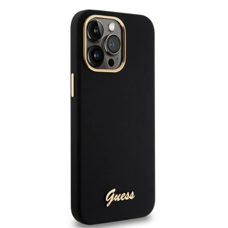 Husa pentru iPhone 15 Pro Max - Guess Silicone Script Metal Logo and Frame (GUHCP15XSMBSLK) - Black
