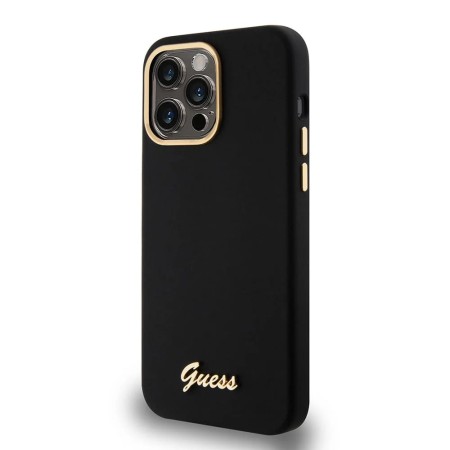 Husa pentru iPhone 15 Pro Max - Guess Silicone Script Metal Logo and Frame (GUHCP15XSMBSLK) - Black