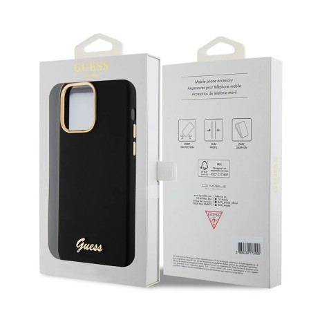 Husa pentru iPhone 15 Pro Max - Guess Silicone Script Metal Logo and Frame (GUHCP15XSMBSLK) - Black