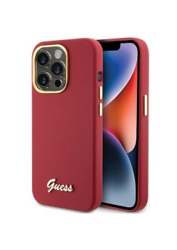Husa pentru iPhone 15 Pro Max - Guess Silicone Script Metal Logo and Frame (GUHCP15XSMBSLM) - Red