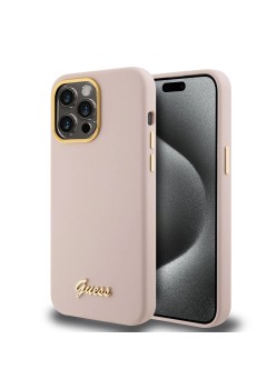 Husa pentru iPhone 15 Pro Max - Guess Silicone Script Metal Logo and Frame (GUHCP15XSMBSLP) - Light Pink