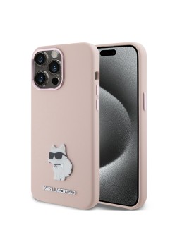 Husa pentru iPhone 15 Pro Max - Karl Lagerfeld Silicone (KLHCP15XSMHCNPP) - Pink Choupette Metal Pin
