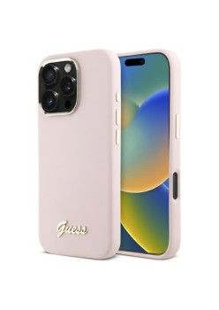 Husa pentru iPhone 16 Pro Max - Guess Silicone Script Metal Logo and Frame (GUHCP16XSMBSLP) - Light Pink