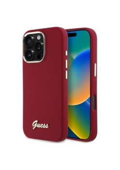 Husa pentru iPhone 16 Pro - Guess Silicone Script Metal Logo (GUHCP16LSMBSLM) - Red