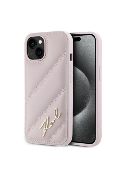 Husa pentru iPhone 15 Plus / iPhone 14 Plus - Karl Lagerfeld Diagonal Quilted Script (KLHCP15MPQDSMGP) - Pink