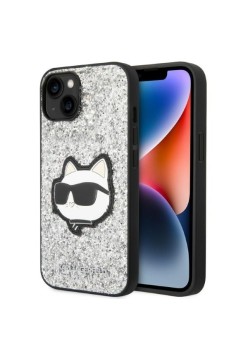 Husa pentru iPhone 15 Plus / iPhone 14 Plus - Karl Lagerfeld Hardcase Glitter (KLHCP14MG2CPS) - Silver Choupette Patch