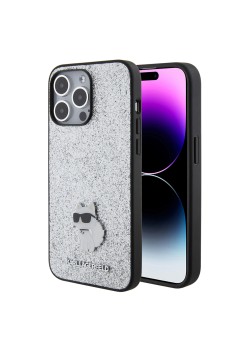 Husa pentru iPhone 15 Pro Max - Karl Lagerfeld Hardcase Glitter Fixed (KLHCP15XGCNPSG) - Silver Choupette Logo