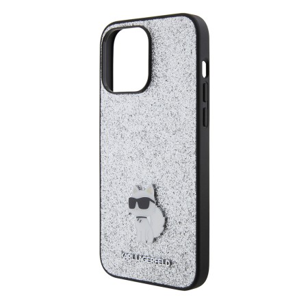 Husa pentru iPhone 15 Pro Max - Karl Lagerfeld Hardcase Glitter Fixed (KLHCP15XGCNPSG) - Silver Choupette Logo