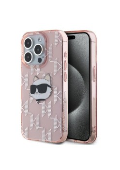 Husa pentru iPhone 15 Pro - Karl Lagerfeld IML Luxury (KLHCP15LHKLPCHP) - Pink Choupette HeadandMonogram