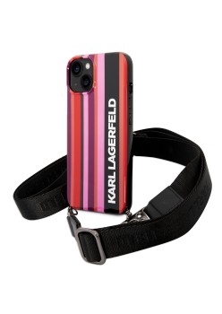 Husa iPhone 15 / iPhone 14 / iPhone 13 - Karl Lagerfeld Hardcase with Strap (KLHCP14SSTSTP) - Pink Color Stripes
