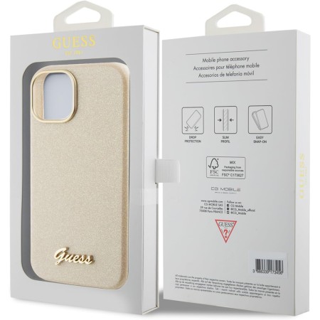 Husa pentru iPhone 15 / iPhone 14 / iPhone 13 - Guess Glitter Glossy Script (GUHCP15SPGMCSD) - Sparkle Beige